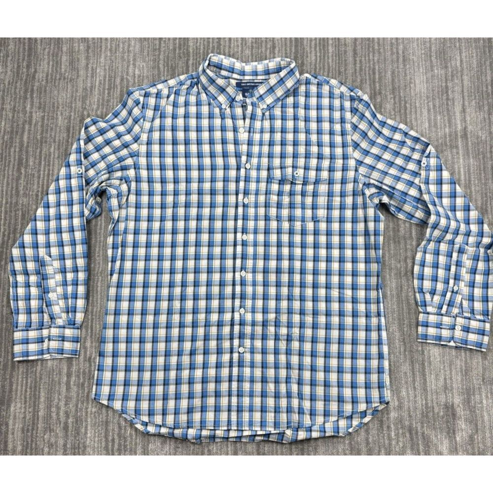 Old Navy Blue Green White Blue Plaid Shirt Mens XL Long Sleeve Classic Slim Fit